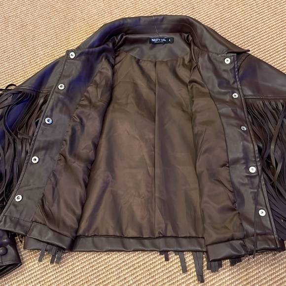 NWOT Nasty Gal Faux Leather Western Fringed Cropped Jacket, Brown - Picture 7 of 10